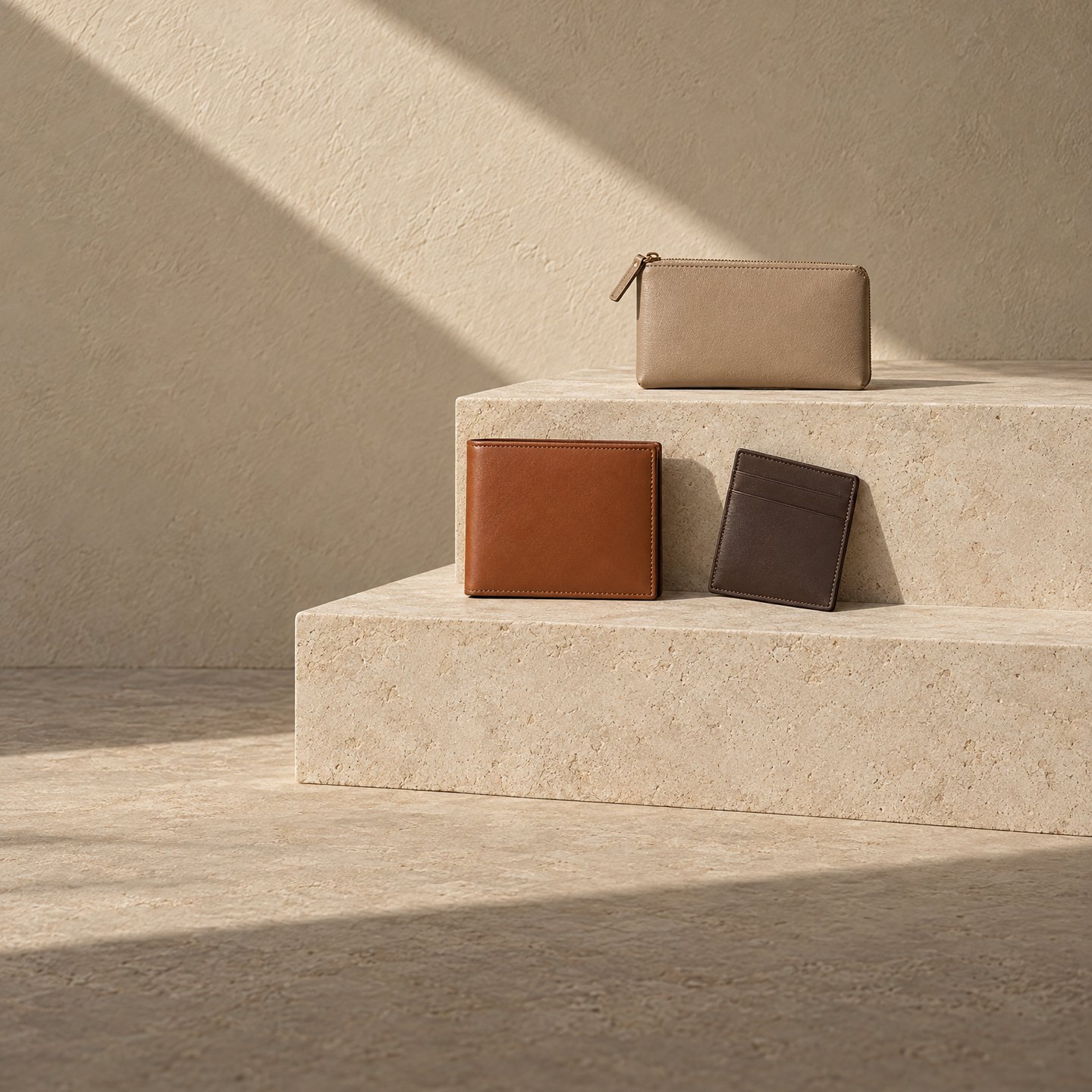 Leather wallet and card holder on limestone steps Leather wallet and card holder on limestone steps